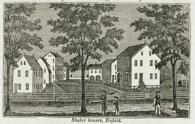 Shaker házak Enfieldben, a „Connecticut Historical Collections”-ből, John Warner Barber, 1856 alkotó: American School