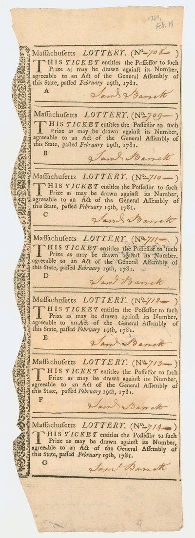 Sorsjegyek lapja, Massachusetts Lottery, 1781 alkotó: American School