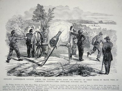 „A Konföderációs lovasság ágyúzása a Potomac folyón Great Falls magaslatairól...”, 1861. október 4. (litho) alkotó: American School