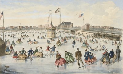 Korcsolyázás a Union Pond-on, kocsma. 1863 (színes litó) alkotó: American School