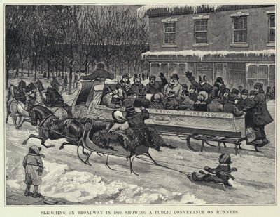 Szánkózás a Broadwayn 1860-ban, nyilvános járművet bemutató futókon (litho) alkotó: American School
