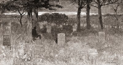 Katonasírok az Arlington Nemzeti Temetőben, Arlington megye, Virginia, a 19. században, a "The Century Illustrated Monthly Magazine" című, 1884-ben megjelent kiadványból (metszet). alkotó: American School