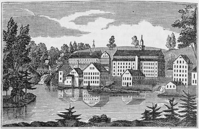 A norwichi Yantic Falls gyárainak délkeleti nézete a „Connecticut Historical Collections”-ből, John Warner Barber, 1856 alkotó: American School
