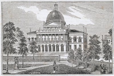 A bostoni State House déli képe a Beacon Streeten, a „Massachusetts Történelmi Gyűjteményéből”, John Warner Barber, metszett S. E. Brown, 1839 alkotó: American School