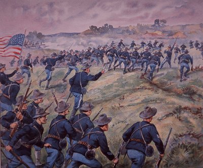 Spanyol-amerikai háború 1898, amerikai csapatok megrohamozzák San Juan Heights-t Kubában (színes litho) alkotó: American School