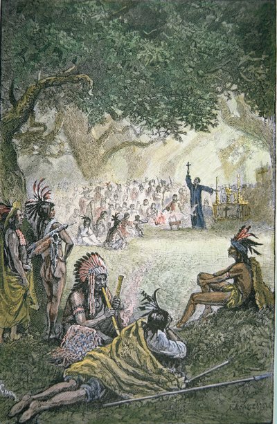 Spanyol jezsuita misszionáriusok, akik megtérítették az indiánokat Kaliforniában a 17. században (színes litho) alkotó: American School
