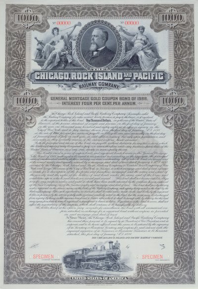1000 dolláros kötvénybizonyítvány minta a Chicago, Rock Island and Pacific Railway Company számára, 1898 alkotó: American School