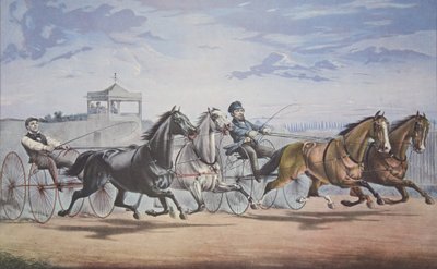 Stella és Alice Gray – Lámpás és bálnacsont, Passing the Stand (In their great match for in Double Harness over the Union Course L.I. 1855. június 5.), pub. 1855, Currier & Ives alkotó: American School