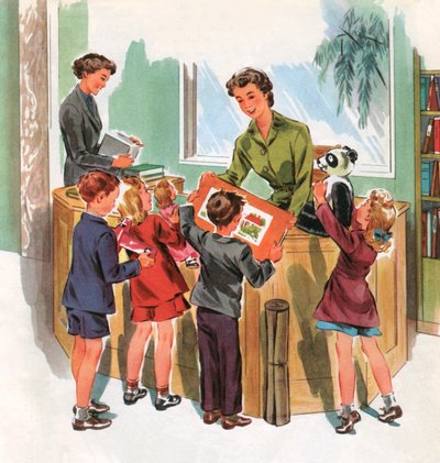 Diákok az iskolai könyvtárban, 1950 körül (szitanyomat) alkotó: American School