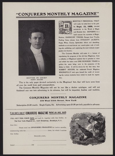 A Conjurers Monthly Magazine előfizetési űrlapja, Harry Houdini főszerkesztő (litho) alkotó: American School