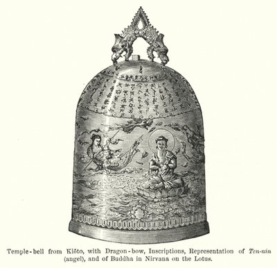 Templomharang Kiotóból, sárkányíjjal, feliratokkal, Ten-nin, angyal és Buddha ábrázolása a Nirvánában a Lótuszon (metszet) alkotó: American School