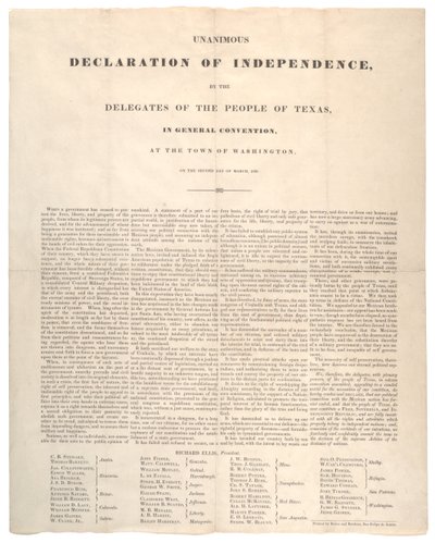 Texas Függetlenségi Nyilatkozat: Egyhangú függetlenségi nyilatkozat, Baker és Bordens nyomtatása, 1836. március 2. alkotó: American School