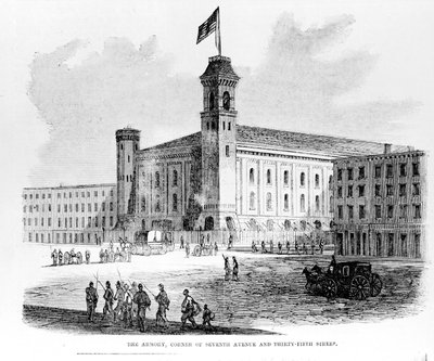 A fegyvertár, a Seventh Avenue és a Thirty-Fifth Street sarka, jelenet a New York-i Draft Riotsból, 1863 alkotó: American School