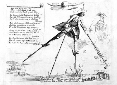 A Colossus, a bélyegtörvény hatályon kívül helyezéséről szóló karikatúra, 1765 körül alkotó: American School