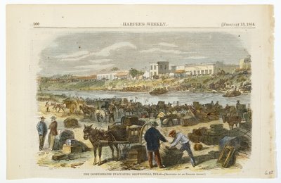 A Konföderáció kiüríti Brownsville-t, Texas, kb. 1864 (kézzel színezett litográfia szőtt, rostpéppapíron) alkotó: American School