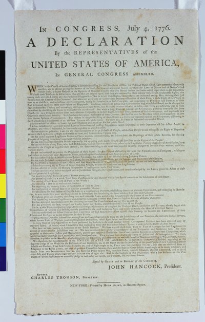A Függetlenségi Nyilatkozat, nyomtatta Hugh Gaine, 1776 (nyomtatott tinta papírra) alkotó: American School