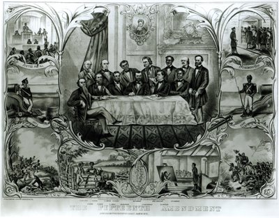 A tizenötödik módosítás, amelyet Ulysses S. Grant elnök írt alá (1822-85), 1870. március (litho) (fekete-fehér fotó) alkotó: American School