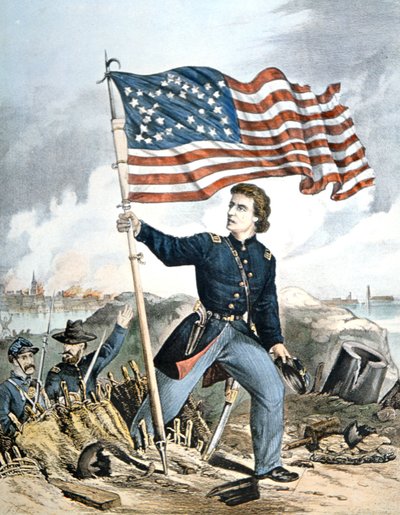 "The Flag Again, Waves Over Sumter", metszett Kimmel & Forster (színes litó) alkotó: American School