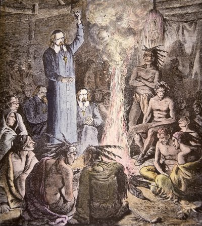Brebeuf francia jezsuita misszionárius az algonkinok között (színes litho) alkotó: American School
