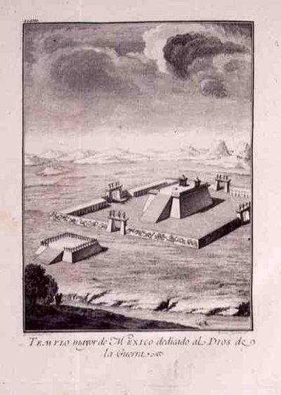 Mexikó főtemploma, amelyet a háború isteneinek szenteltek, Antonio de Solis y Rivadeneira Solis „Mexikó hódításának története” 1783-84 című művéből (vésett lemez) alkotó: American School