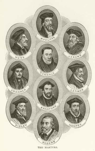 A mártírok, Wycliffe, Huss, Jerome, Tyndale, Cranmer, Latimer, Bradford, Ridley, Hooper, Rogers alkotó: American School