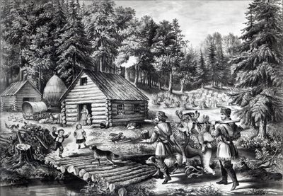 Az úttörőotthon a nyugati határon, kocsma. Currier und Ives, 1867 alkotó: American School