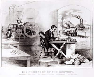Az évszázad előrehaladása: The Lightning Steam Press, az elektromos távíró, a mozdony és a gőzhajó, kocsma. Currier & Ives, 1876 alkotó: American School