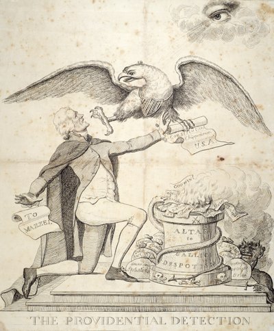 The Providential Detection, rajzfilm, amely Thomas Jeffersont (1743-1826) ábrázolja, aki megpróbálja lerombolni az alkotmányt alkotó: American School