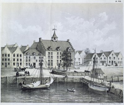 A New York-i Stadthuys 1679-ben, Corner of Pearl Street és Coentijs Slip, a Journal of a Voyage to New York 1679-80-ból Jasper Danckaerts (sz. 1639) és Peter Sluyter (1645-1722) 1867-ben. alkotó: American School