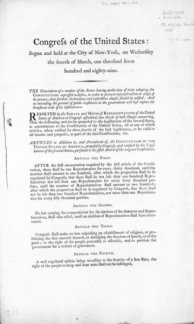Az Egyesült Államok Bill of Rights, elkészült 1789 (nyomtatott) alkotó: American School