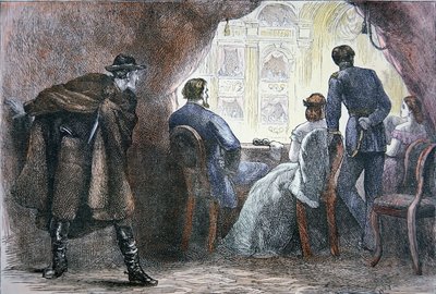 Abraham Lincoln (1809-65) meggyilkolása a Ford Színház páholyában, 1865. április 14. (színes litográfia) alkotó: American School