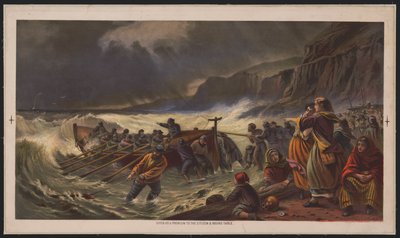 Az indulás, a mentőcsónak vízre bocsátása, 1878 körül (kromolitográfia) alkotó: American School