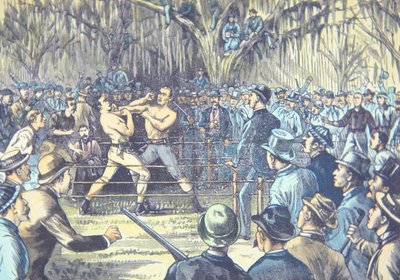 Az utolsó csupasz csülkös bokszbajnoki küzdelem 1889-ben, John L. Sullivan v. Jake Kilrain a Mississippi állambeli Richburgban (színes litó) alkotó: American School