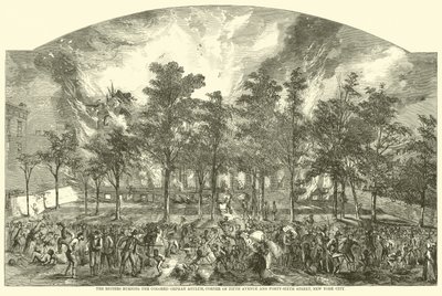 A lázadók felgyújtották a Colored Orphan Asylumot, a Fifth Avenue és a Forty-Sixth Street sarkán, New Yorkban, 1863. július alkotó: American School