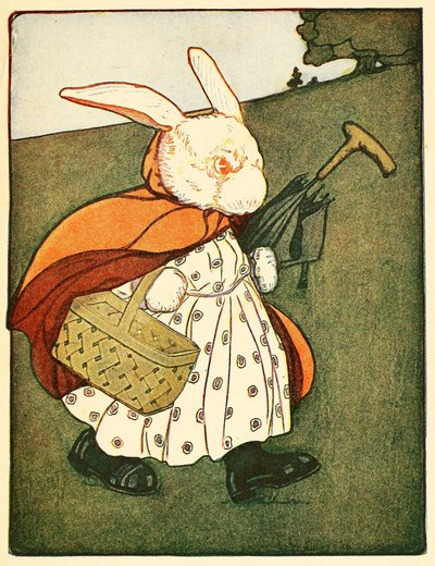 Aztán az öreg Mrs. Nyúl… átment a fán keresztül a pékséghez, a Nyúl Péter meséjéből, 1916-ból. alkotó: American School