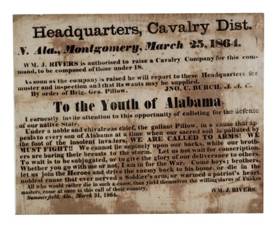 Alabama ifjúságának: Fegyverbe szólítunk! (toborzás széles oldal), 1864. március 25 alkotó: American School