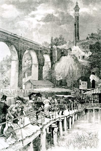 Turisták visszatérnek gőzhajójukhoz a Harlem folyón, a bal oldalon a High Bridge-tel, W.A Rogers metszetével a Harpers Weekly számára, 1880. július 24. alkotó: American School