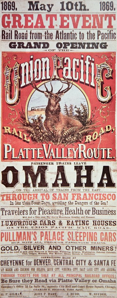 A Union Pacific Railroad plakátja az első transzkontinentális vasutat hirdeti szerte az Egyesült Államokban alkotó: American School