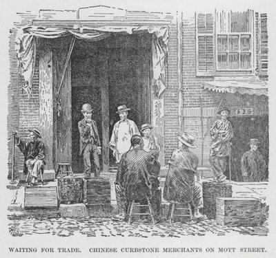 Kereskedelemre várva kínai járdakő-kereskedők a Mott Streeten (litho) alkotó: American School