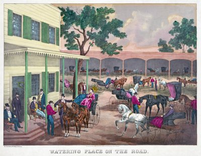 Öntöző hely az úton, kocsma. 1870 (kézzel színezett metszet) alkotó: American School