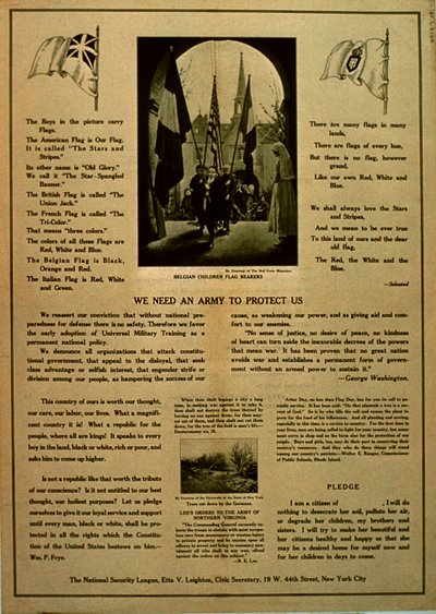 Szükségünk van egy hadseregre, hogy megvédjen minket, propaganda füzet a Nemzetbiztonsági Liga, 1914-1918 körül alkotó: American School