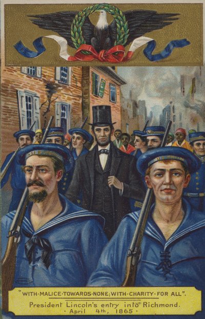 Rosszindulattal senki felé; jótékonysággal mindenkiért. Lincoln elnök belépése Richmondba, 1865. április 4 alkotó: American School