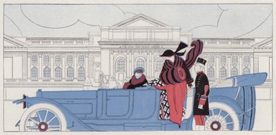 Egy nő beleszeret a sofőrjébe, jelenet J. A. Waldron Taking Chances című novellájából (színes litográfia). alkotó: American School