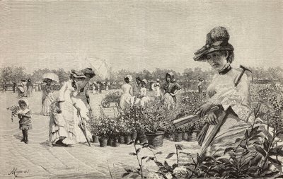 Nők sétálnak Brerában, Milánóban, Olaszországban, metszet Amerino Cagnoni (1853-1923) Maggio (május) című festményéről, L