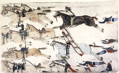 Little Bighorn-i csata, Montana, USA, 1876. június 25-26. c1900 alkotó: Amos Bad Heart Buffalo