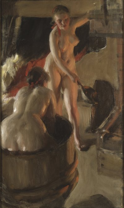 Filles de Dalecarlie prenant un bain – Dalarnai lányok fürdőzve, Zorn, Anders Leonard (1860-1920). Olajfestmény alkotó: Anders Leonard Zorn