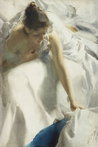 ""Reveil, boulevard Clichy, Paris"" (Ébredés, Boulevard Clichy) Fiatal lány negligee-ben - Anders Leonard Zorn akvarellje (1860-1920) 1892 Magángyűjtemény alkotó: Anders Leonard Zorn