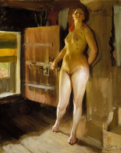 A padlás ajtajánál; lány a padláson alkotó: Anders Zorn