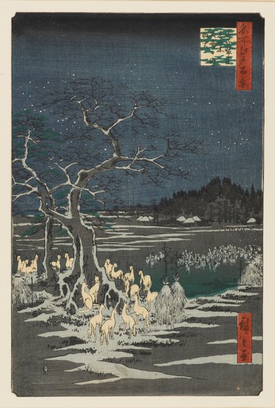Szilveszter rókatüzek a változó fánál, Oji, 19. század alkotó: Ando Hiroshige