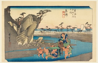 Okitsu folyó, tagja te ötvenhárom S tachi hangja te városiasság alsó d (városi fok fő hegy következő) alkotó: Ando Hiroshige